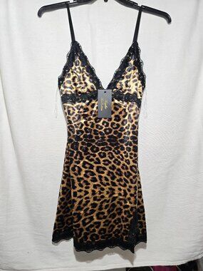 Kaylee Kollection Leopard Print Slip Dress Black Lace Trim V-Neck Size Small NWT